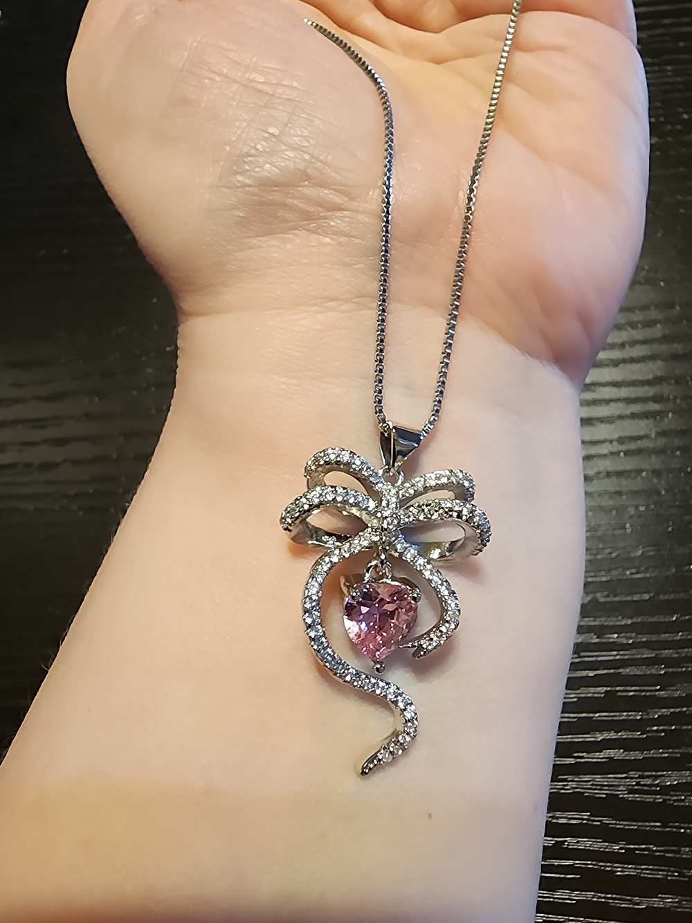 Silver Ribbon Bow Necklace with Pink Heart Pendant